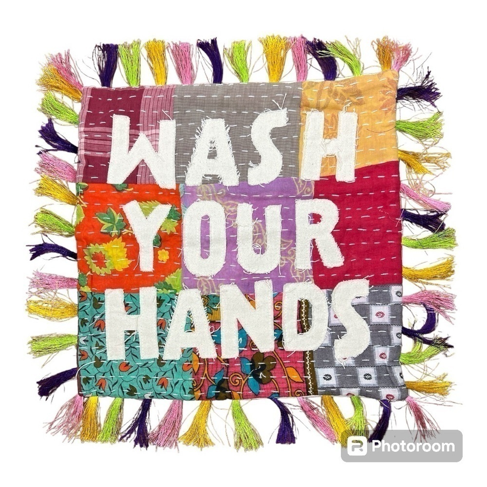 The Round Top Collection Patchwork "Wash Your Hands" Pillow Cover Multicolor NWT